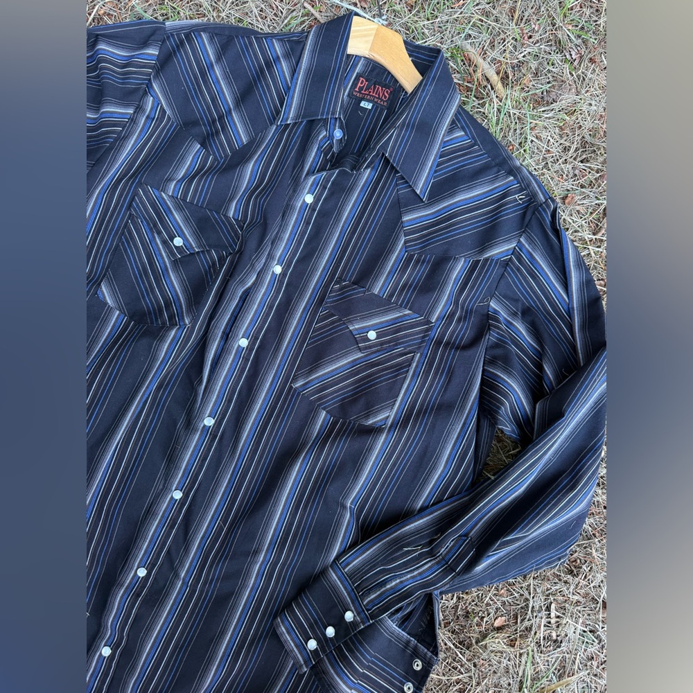 Vintage Plains Western Wear black/blue stripe pearl snap shirt men’s large